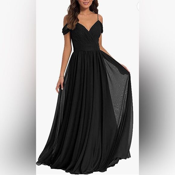 Kleinfeld Sleeveless A-Line/Princess Off The Shoulder Floor Length Dress Black - Picture 3 of 16